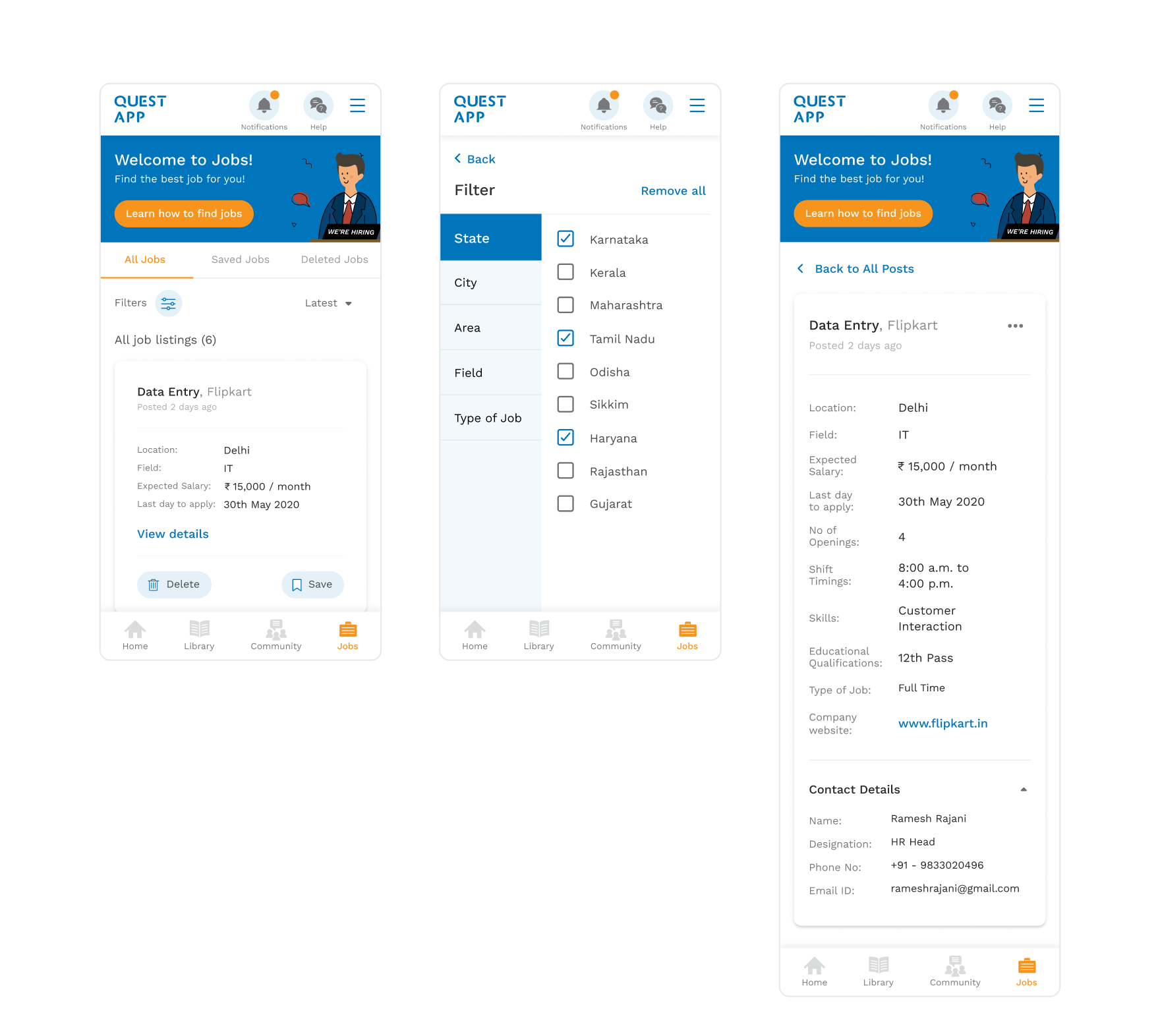 Jobs page on the mobile app